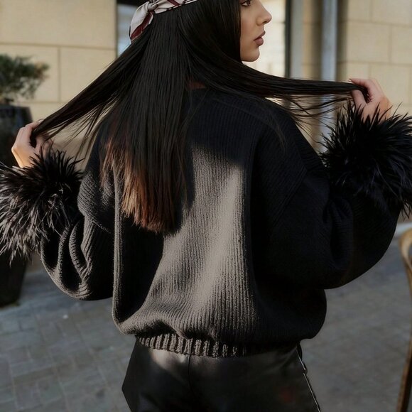 Black Festive Women's Furry Cuffs Metal Buttons Cardigan - Picture 7 of 11